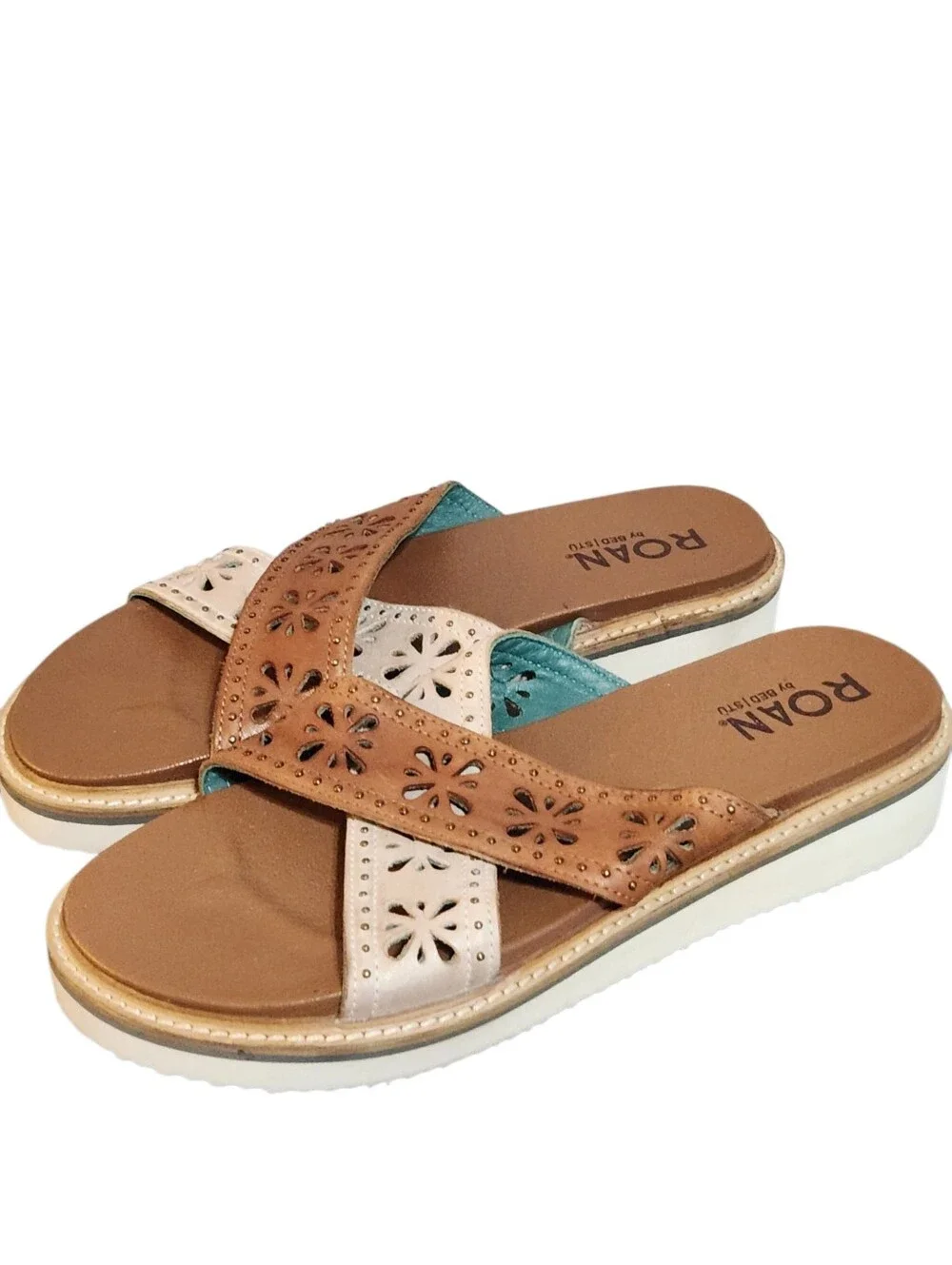Roan Bed Stu Sandals Size 10 Chant Brown Tan Leather Floral Cutout Studded Shoes